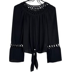 XOXO Black Lattice Cut Out Crochet Trim Tie Front‎ Long Sleeve Blouse Size XS